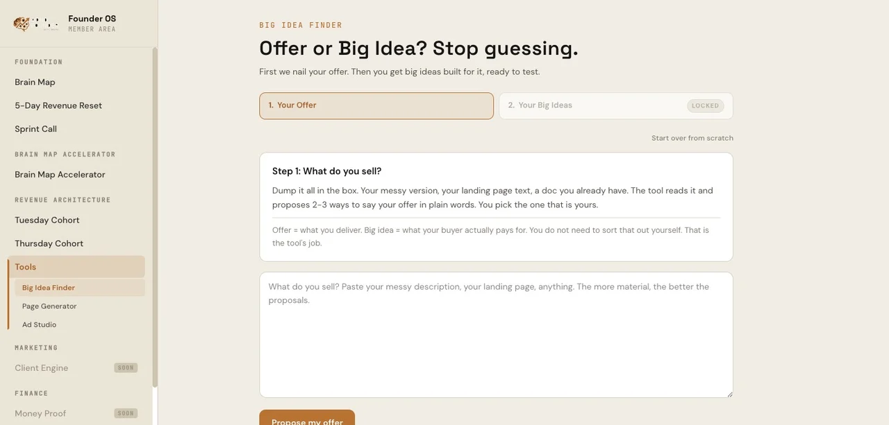 The Big Idea Finder tool inside Founder OS