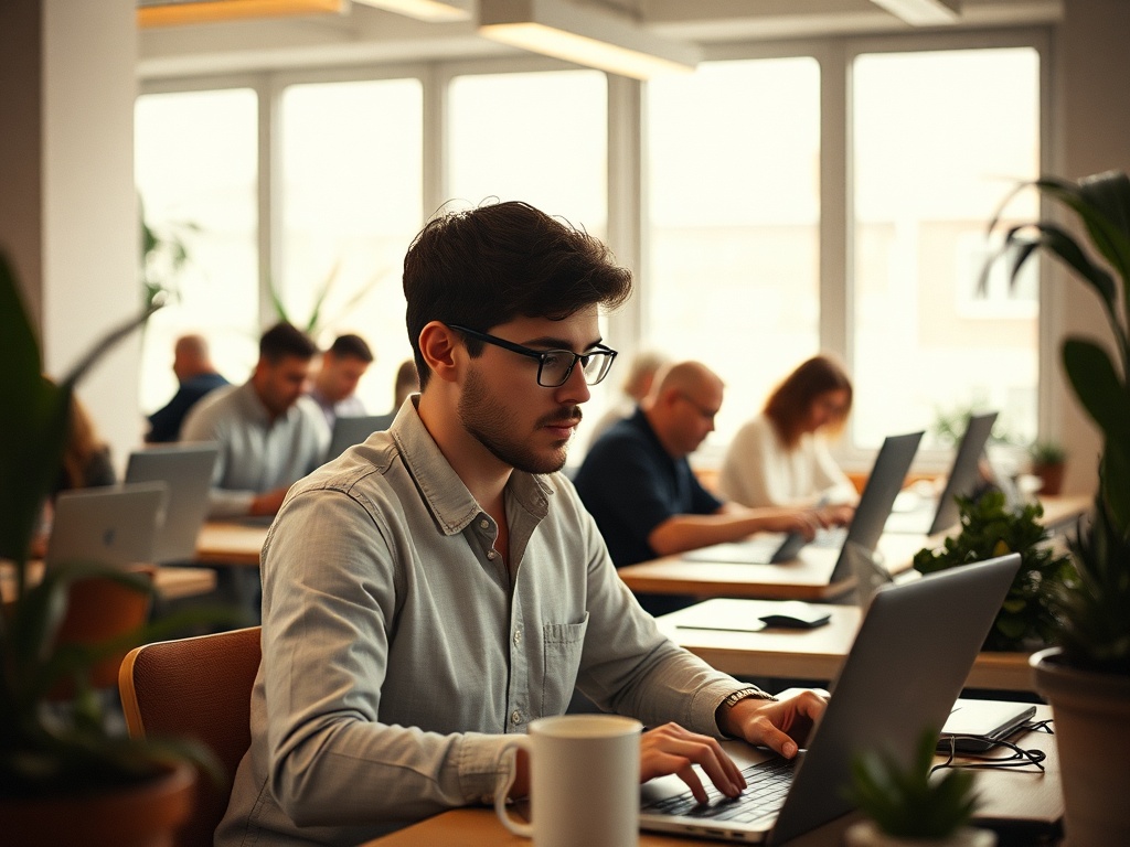 A founder working with focus at a coworking space, surrounded by others at their laptops
