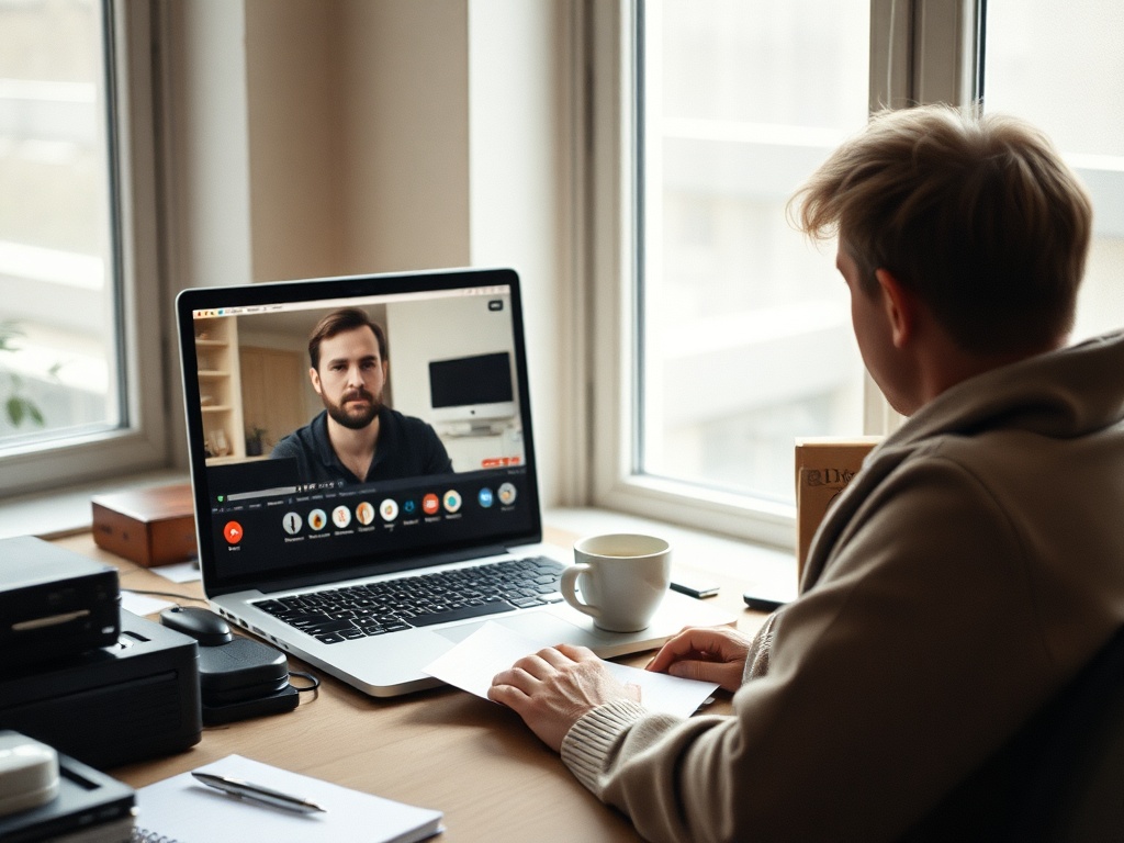 A founder on a video call working silently alongside a virtual body double, camera on, focused on separate work