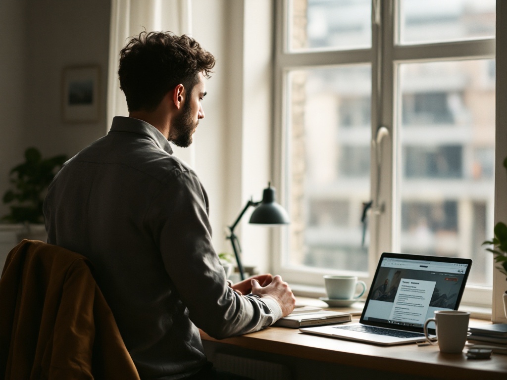 Founder standing at window stepping away from desk after emotional flooding episode