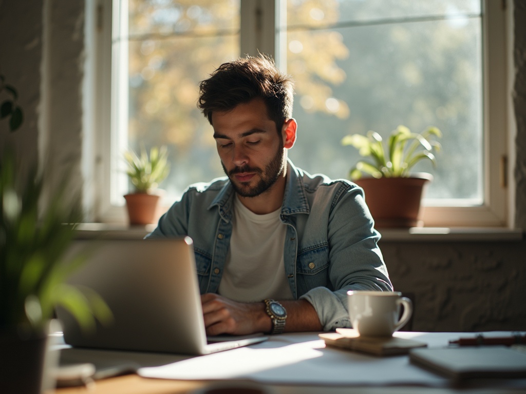 Founder at a desk with notebook from a coaching session, coffee going cold, browser tabs in soft blur
