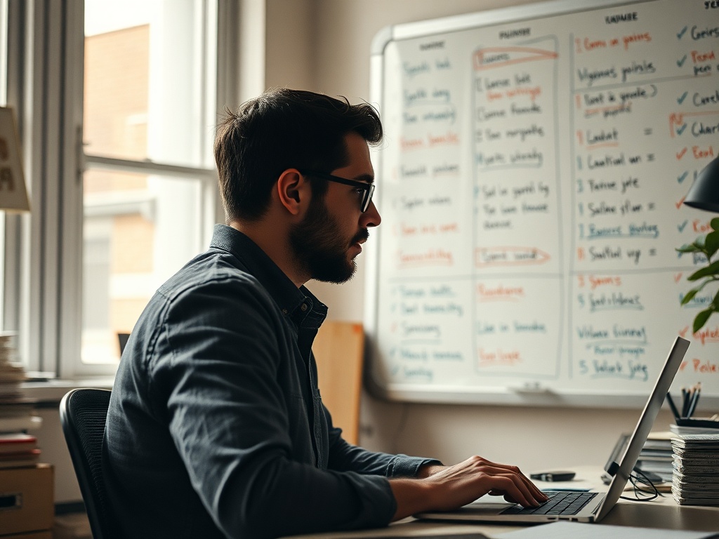 Founder staring at a whiteboard covered in project names and arrows, some crossed out, some circled