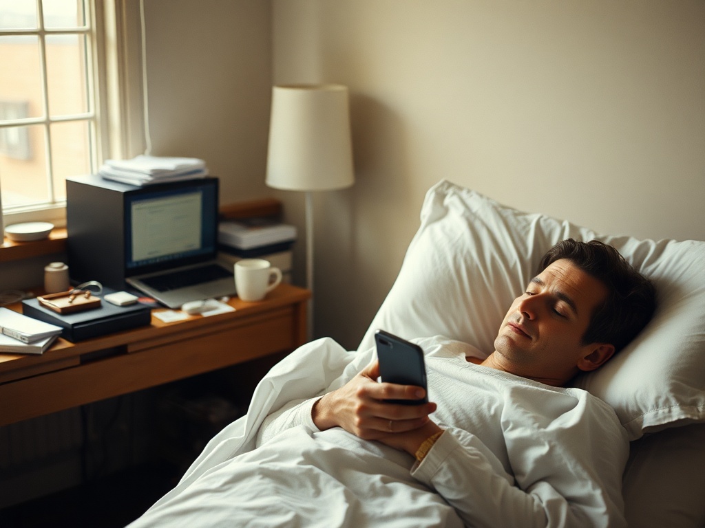 A person in a hospital bed, phone in hand, looking at a business that's running without them