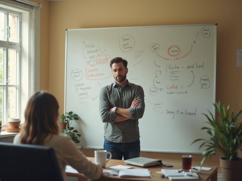 An overwhelming whiteboard of business ideas with many crossed out, a person standing in front of it looking overwhelmed