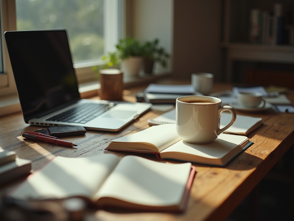 Three open notebooks on a desk, each half-empty, a to-do list with unchecked urgent items, two coffee mugs, one cold and untouched, evidence of repeated starts