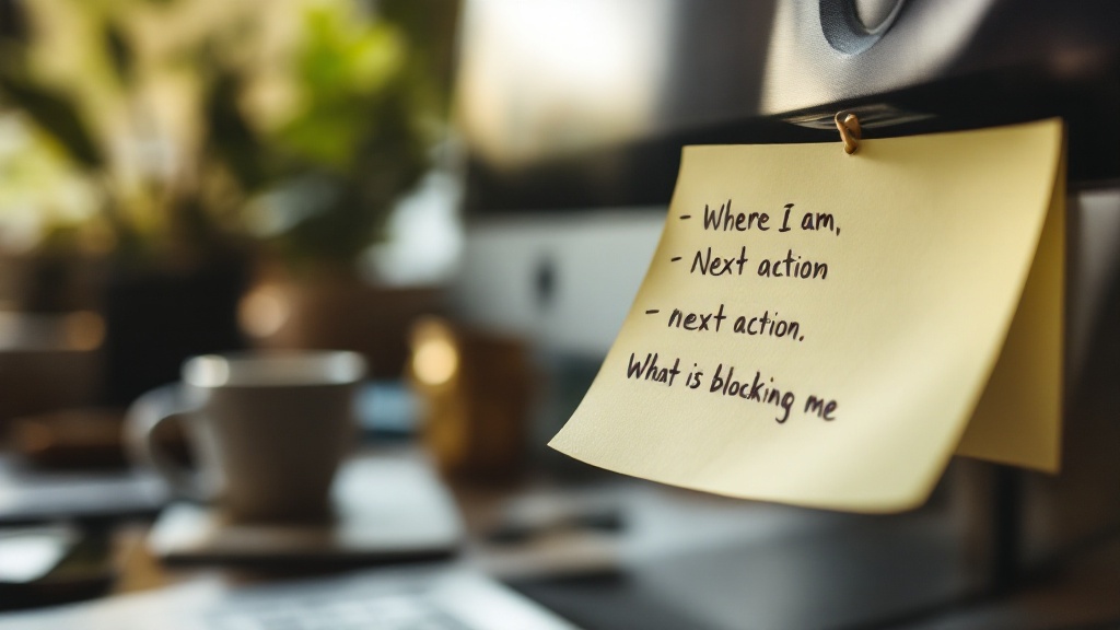 A handwritten sticky note with three bullet points: where I am, next action, what is blocking me