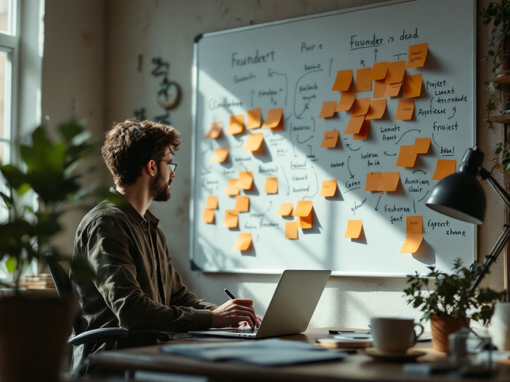 A founder surrounded by sticky notes, open laptops, and project cards showing the visual signature of ADHD overcommitting