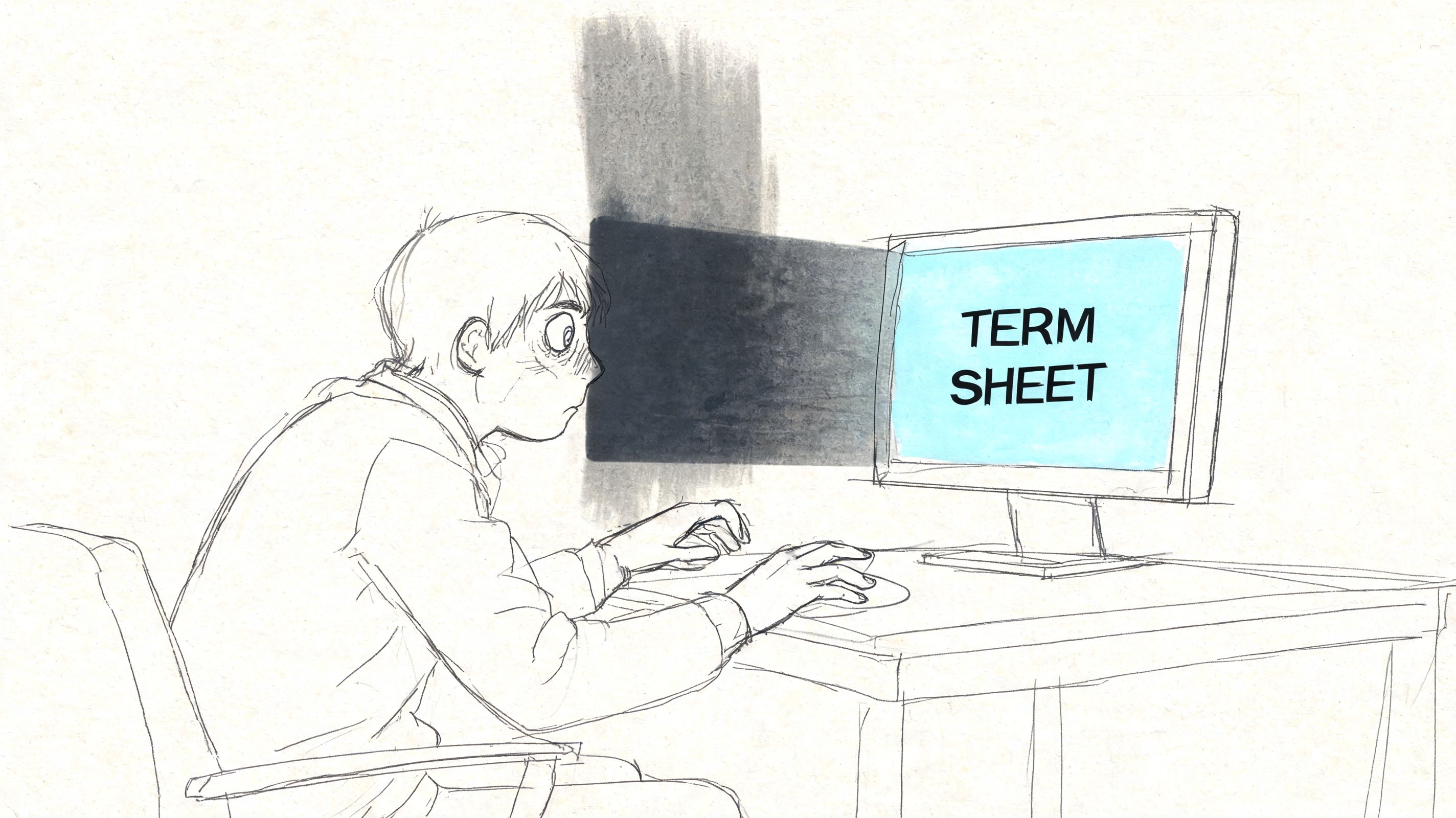 An anxious-looking person stares intensely at a computer screen displaying the words TERM SHEET while working.