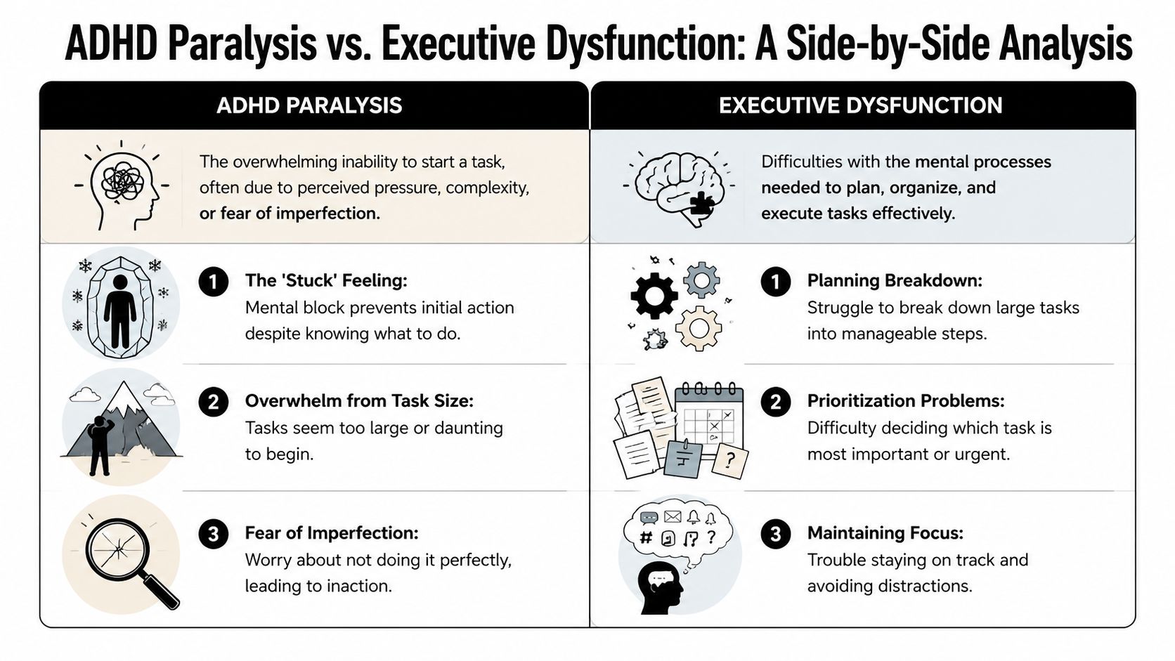 A comparison chart explaining the differences between ADHD paralysis and executive dysfunction with icons and descriptions.