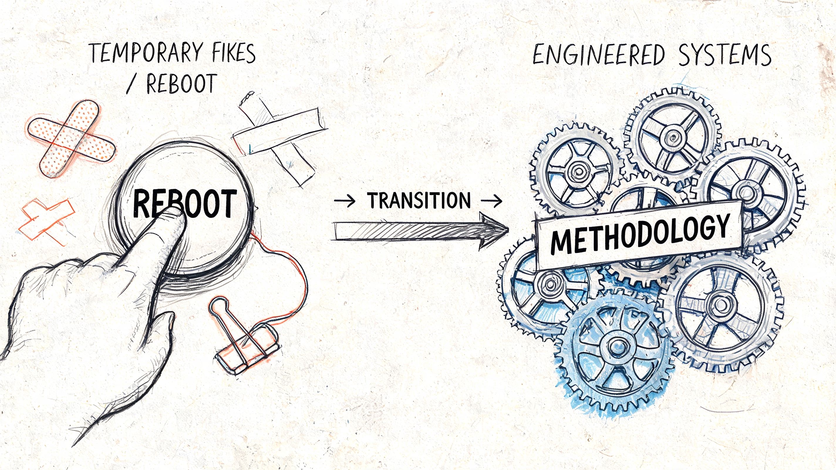 A hand pressing a reboot button, transitioning from temporary quick fixes to a complex, organized mechanical system.