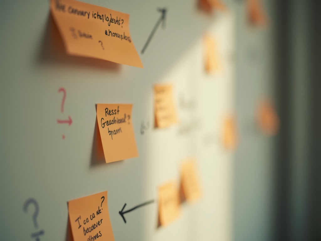 A messy whiteboard covered with sticky notes showing multiple unfinished project branches, one highlighted with a question mark