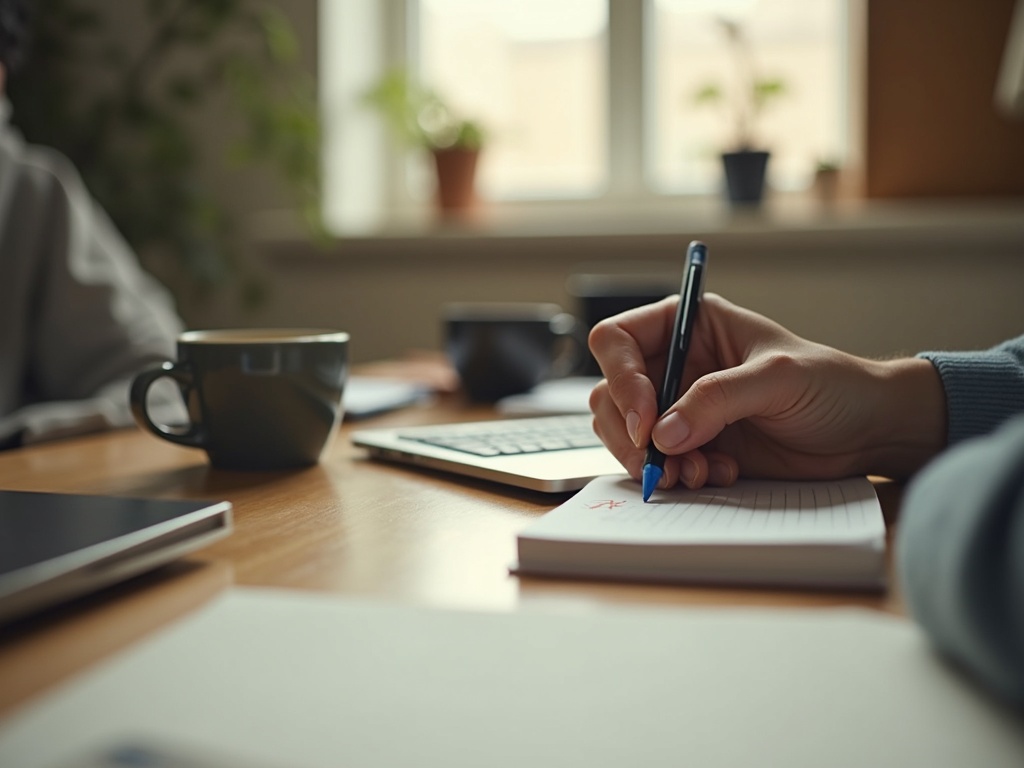A founder's hand crossing off the first item on a short prioritized list, other tasks blurred in the background