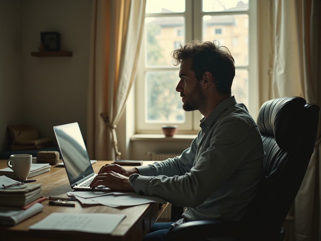 A founder leaning back in a chair, looking at a laptop screen with visible relief, a single task visible, clutter pushed aside