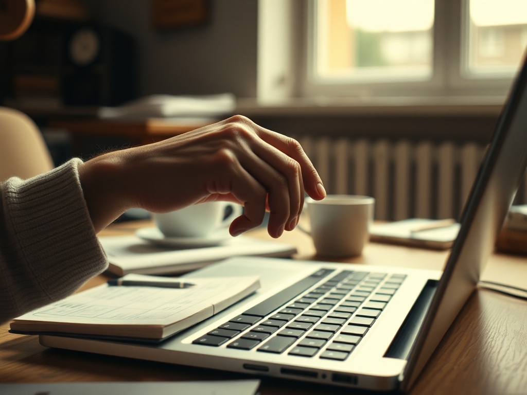 Close-up of a hand poised above a keyboard in hesitation, notebook full of plans beside the laptop, morning light