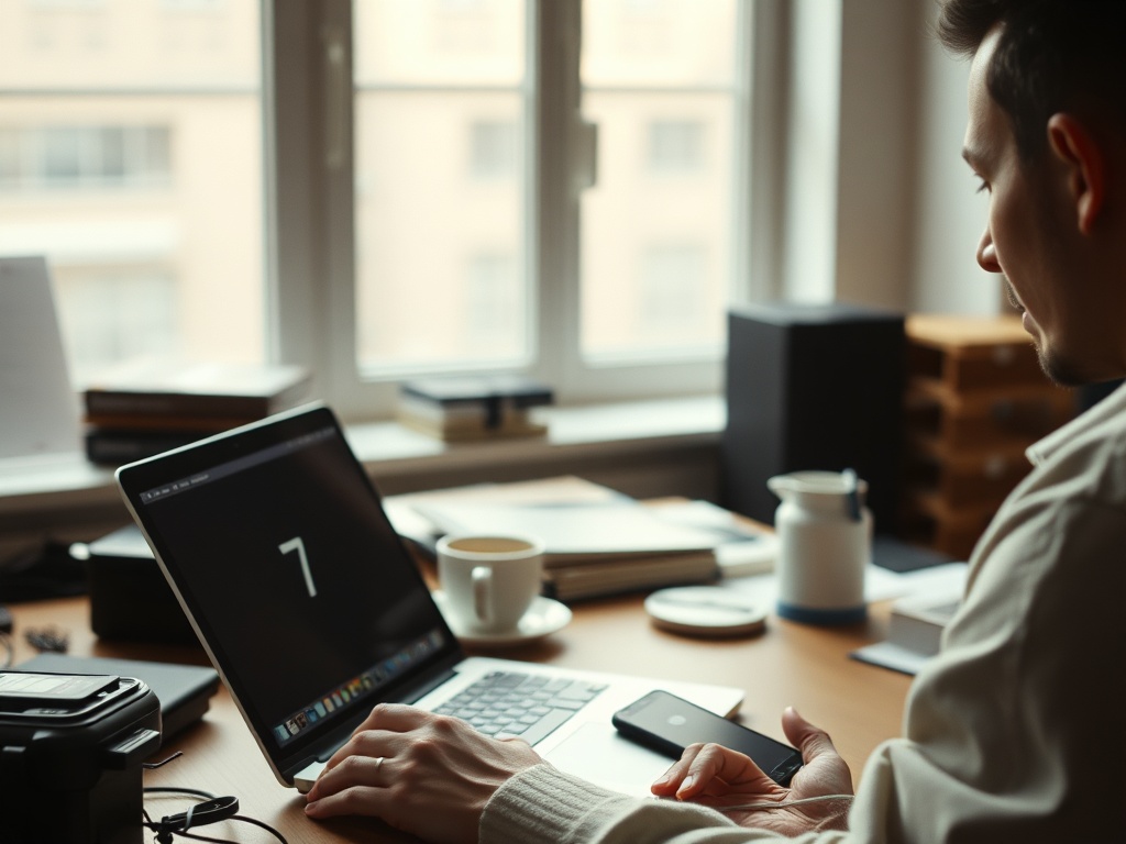 A 7-minute timer set on a phone beside a laptop showing a newly typed first line, the moment of finally starting