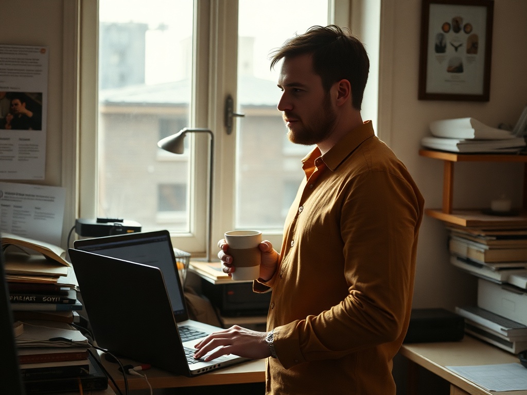 A founder standing at a window holding coffee, desk behind showing multiple browser tabs open, the planning-instead-of-doing spiral