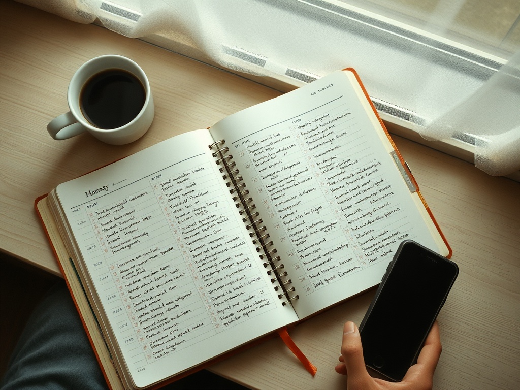 Overhead view of an overwhelming to-do planner with many uncrossed tasks and a coffee cup beside it