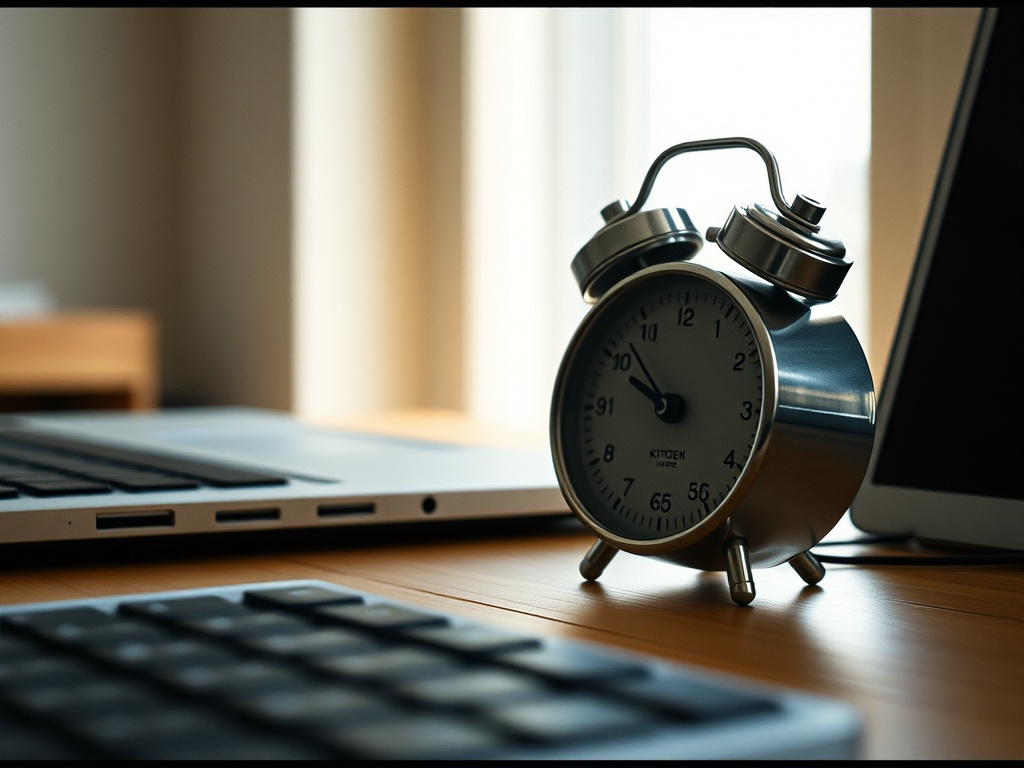 A physical kitchen timer set to 25 minutes sitting beside a laptop keyboard on a wooden desk
