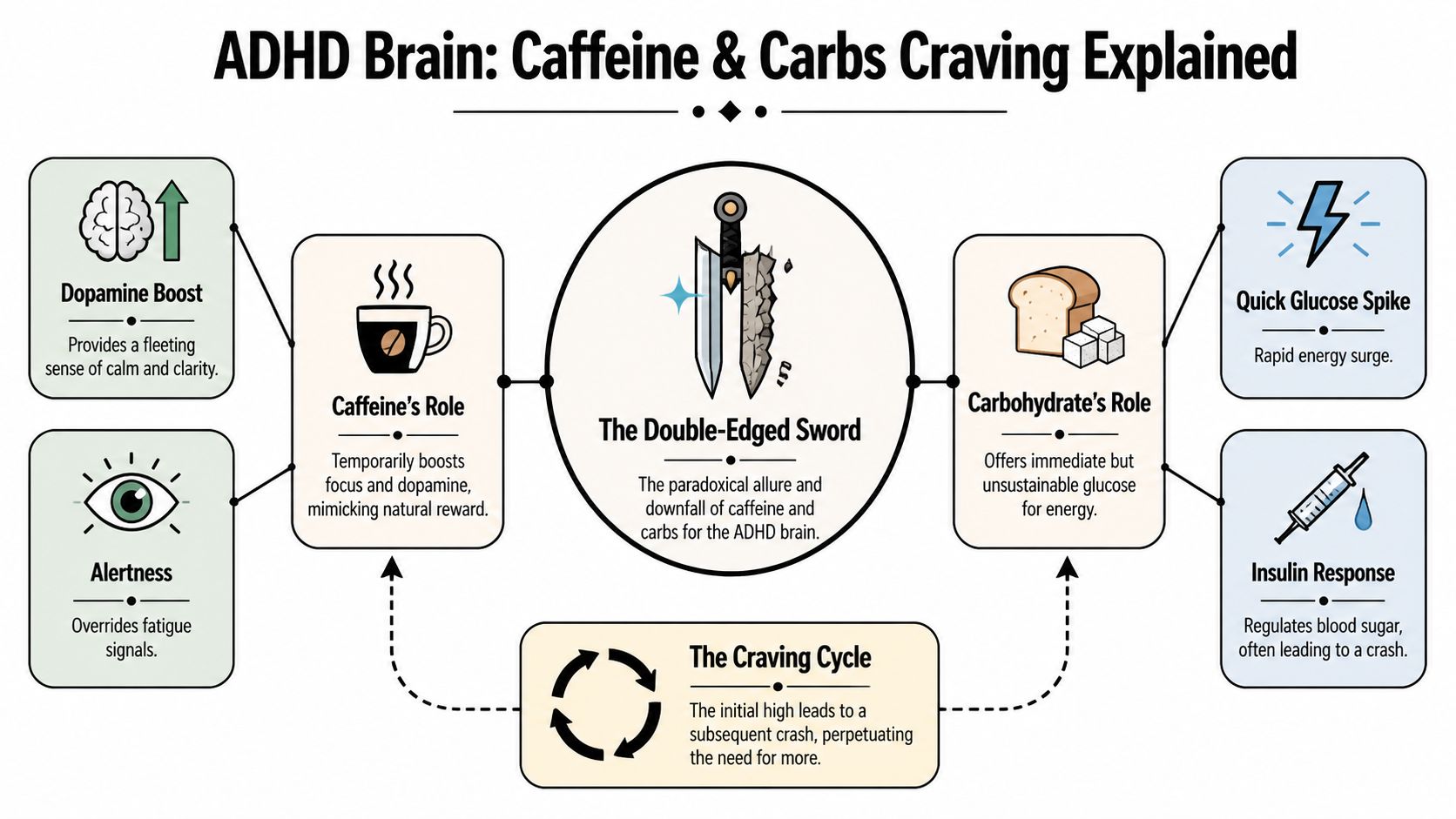 An infographic explaining the ADHD brain's relationship with caffeine and carbohydrate cravings and their resulting cycles.