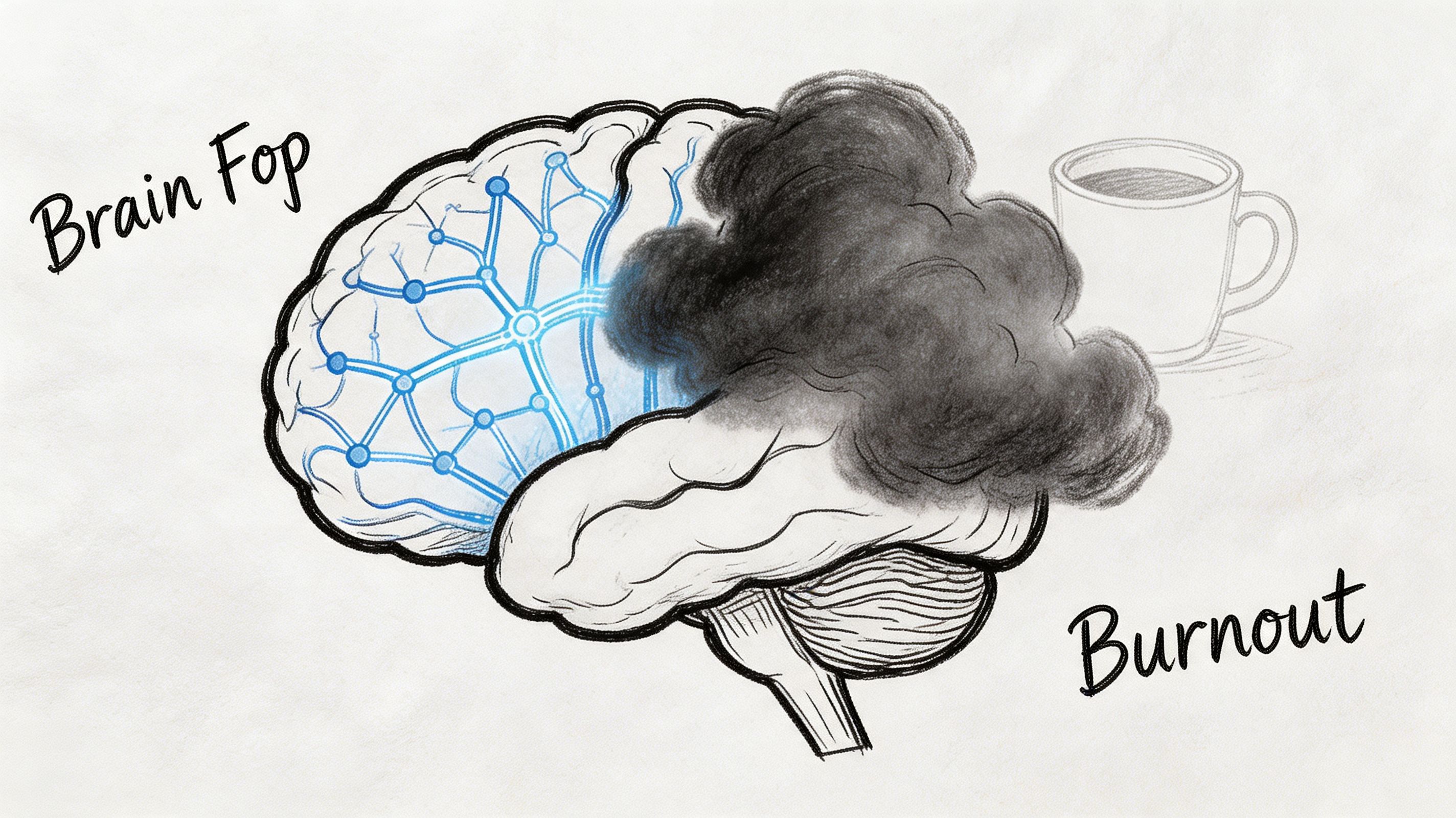 A conceptual illustration of a human brain split between a clear, connected network and a dark, cloudy burnout.