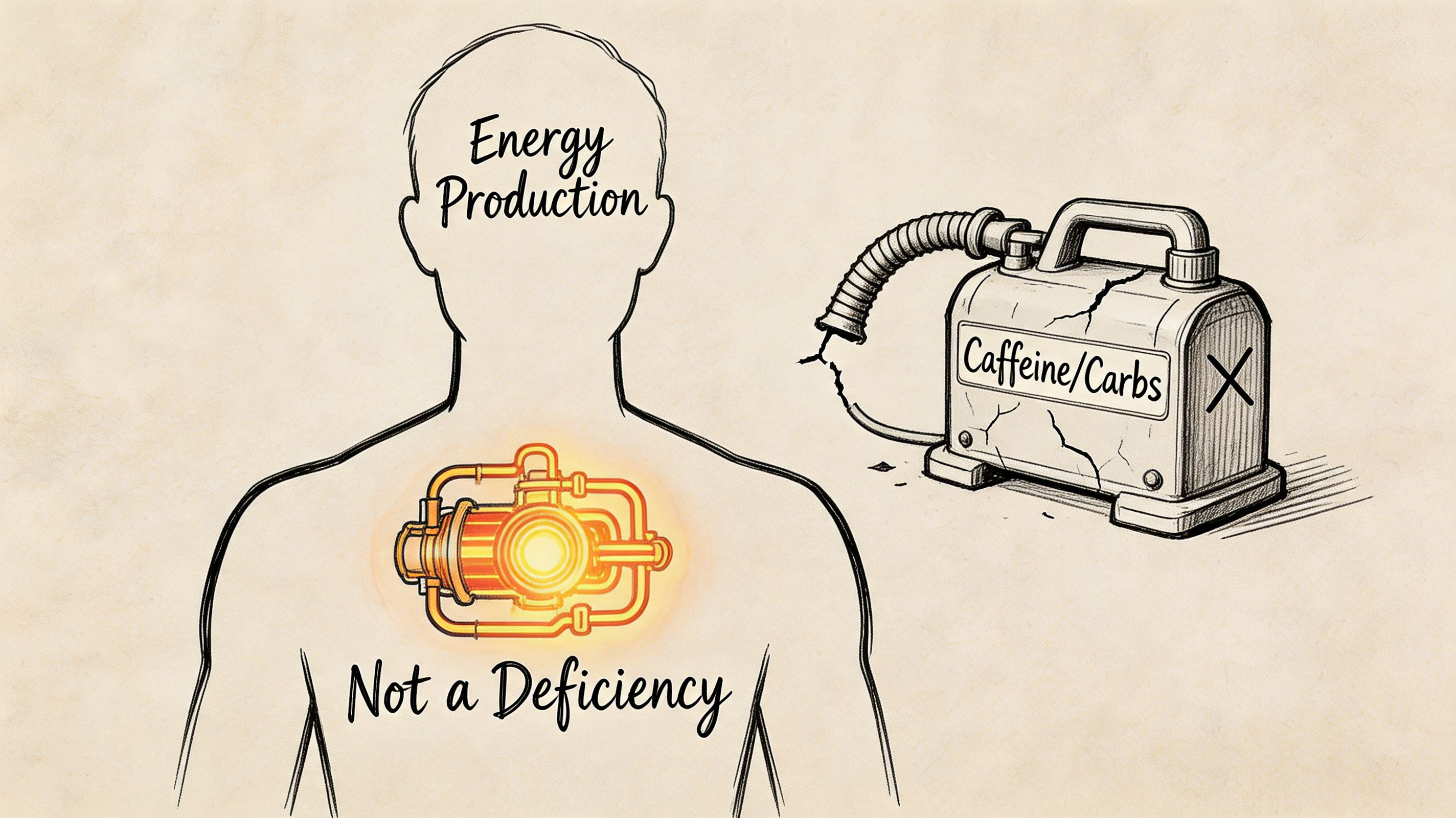 A conceptual illustration showing internal energy production in a person, contrasting it with external caffeine and carbs.