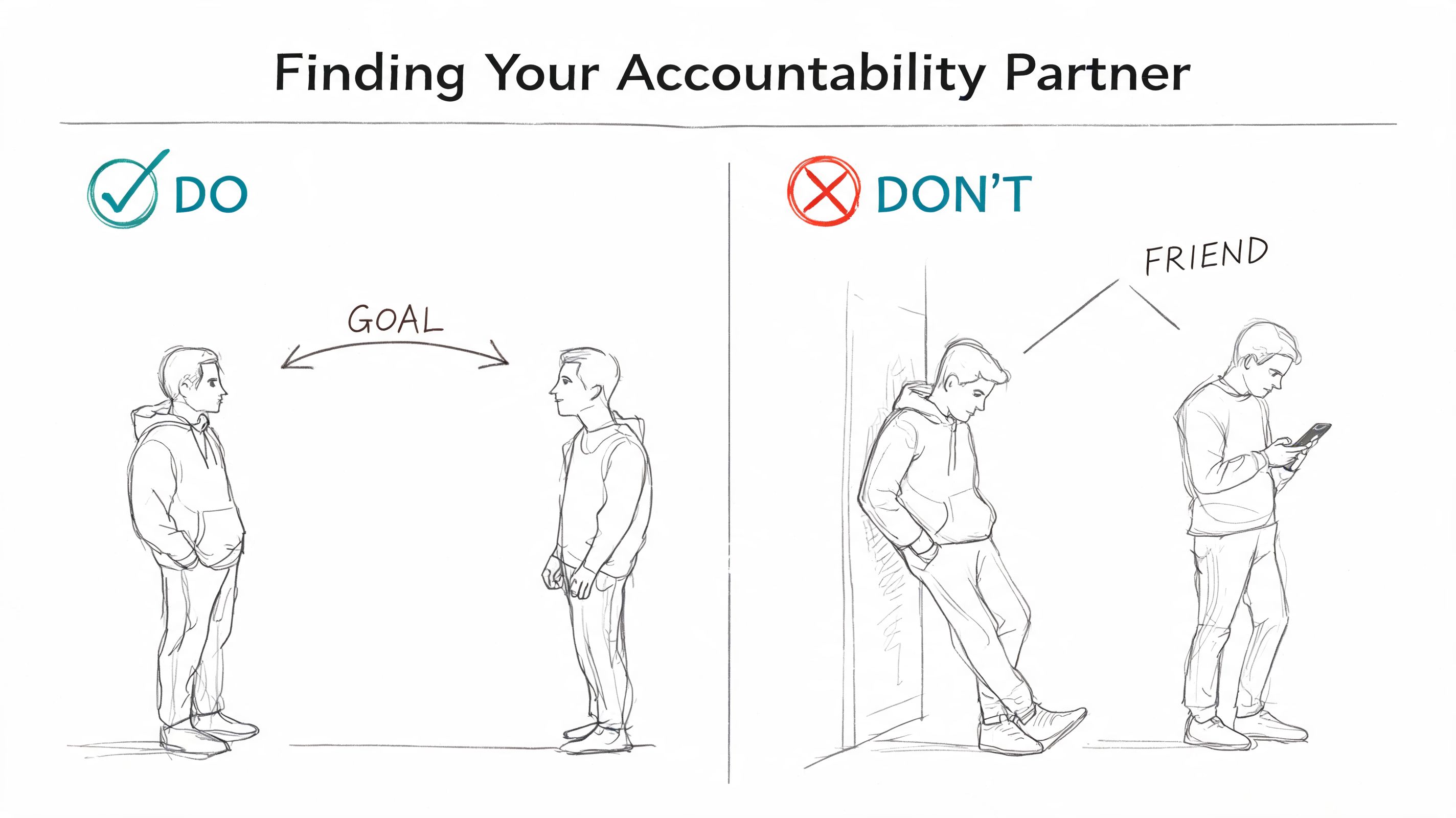 A hand-drawn illustration comparing effective and ineffective ways to choose an accountability partner for reaching goals.