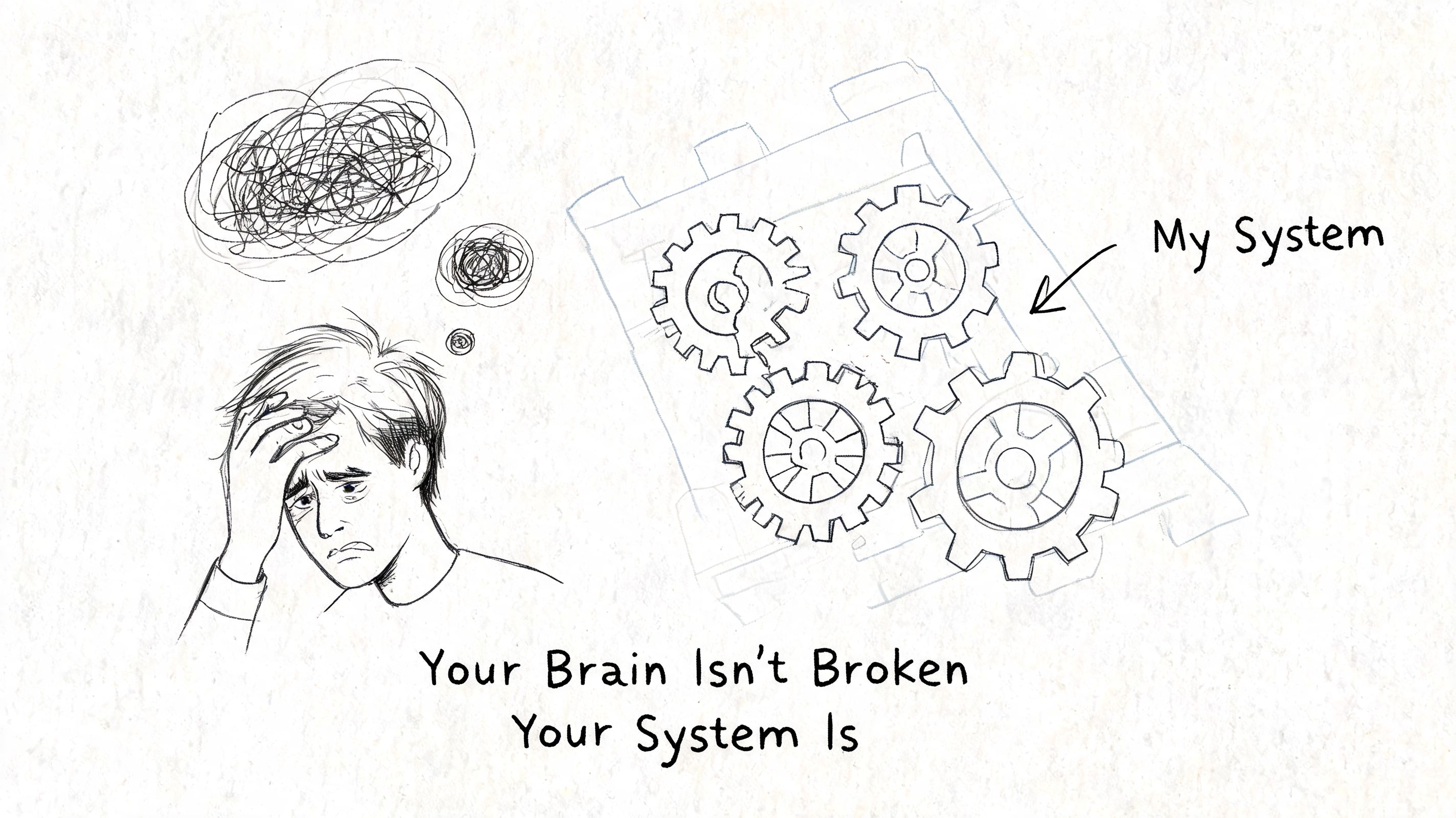 A hand-drawn illustration showing a stressed person with messy thoughts next to a malfunctioning gear system.