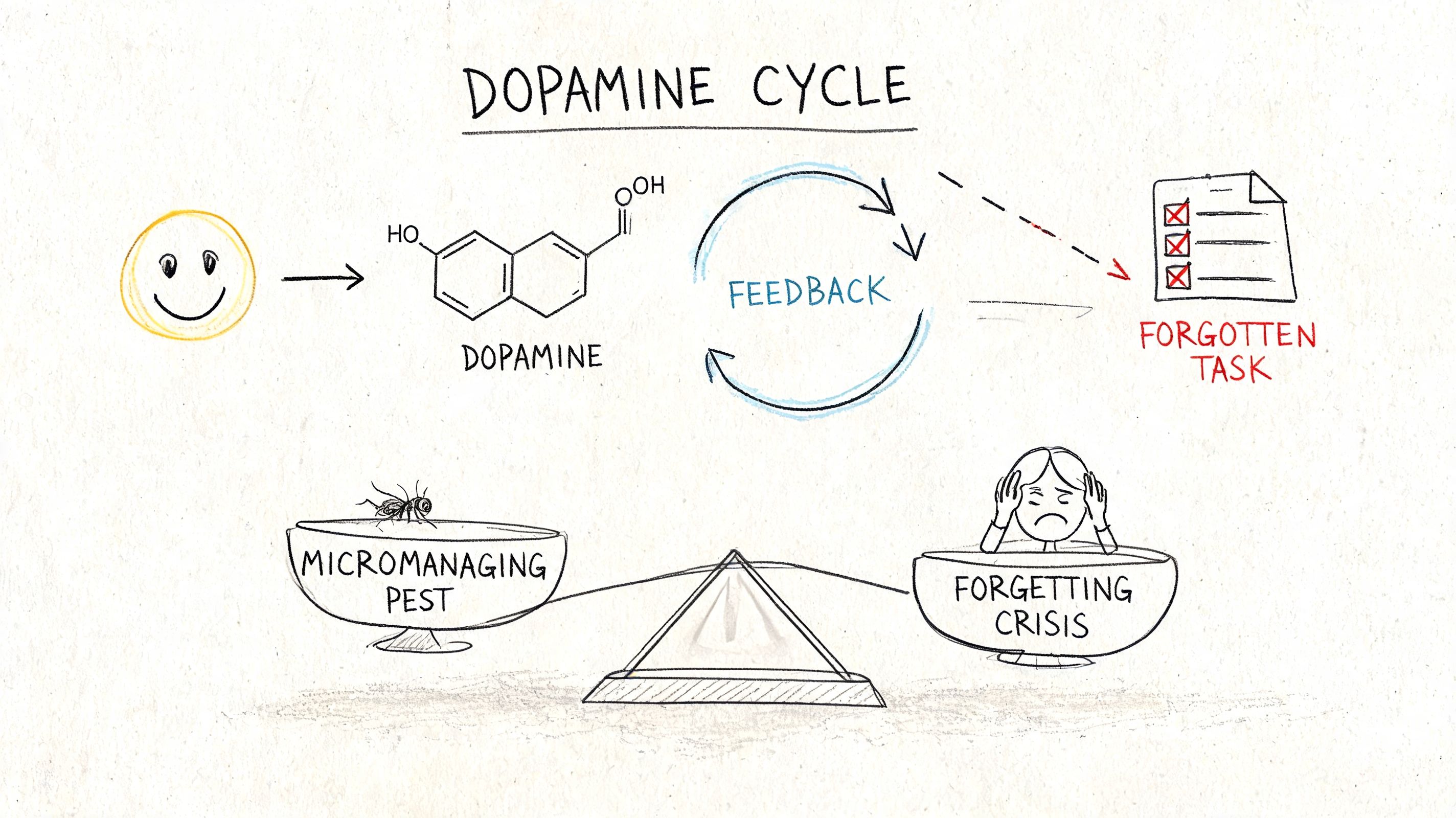 A hand-drawn illustration depicting the dopamine cycle, forgotten tasks, and the balance between micromanaging and forgetting crises.