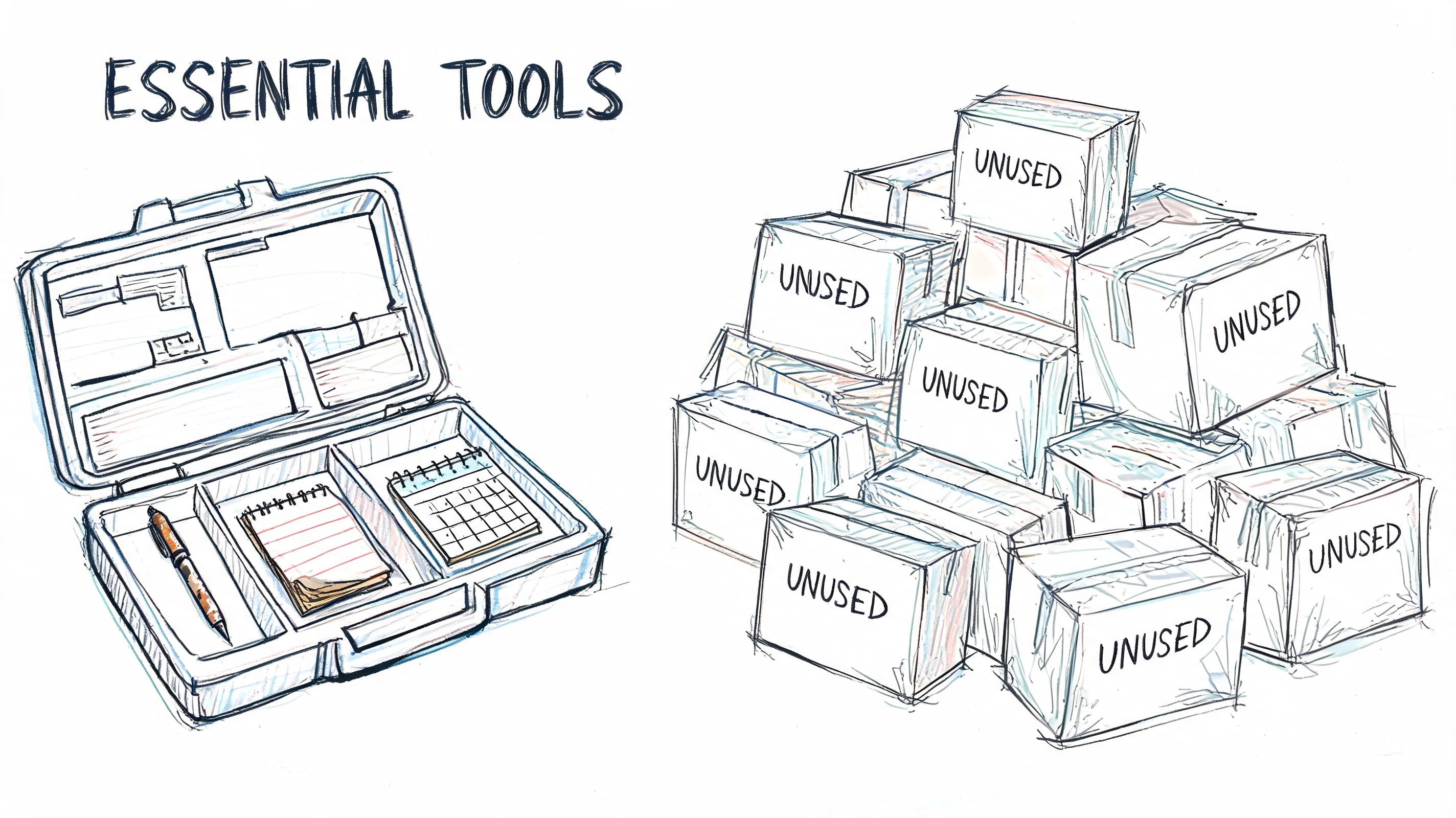 An illustration contrasting a minimalist briefcase of essential tools with a large pile of unused items.