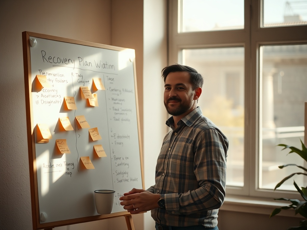 A founder staring at a blank screen mid-project crash, coffee untouched, sticky notes visible