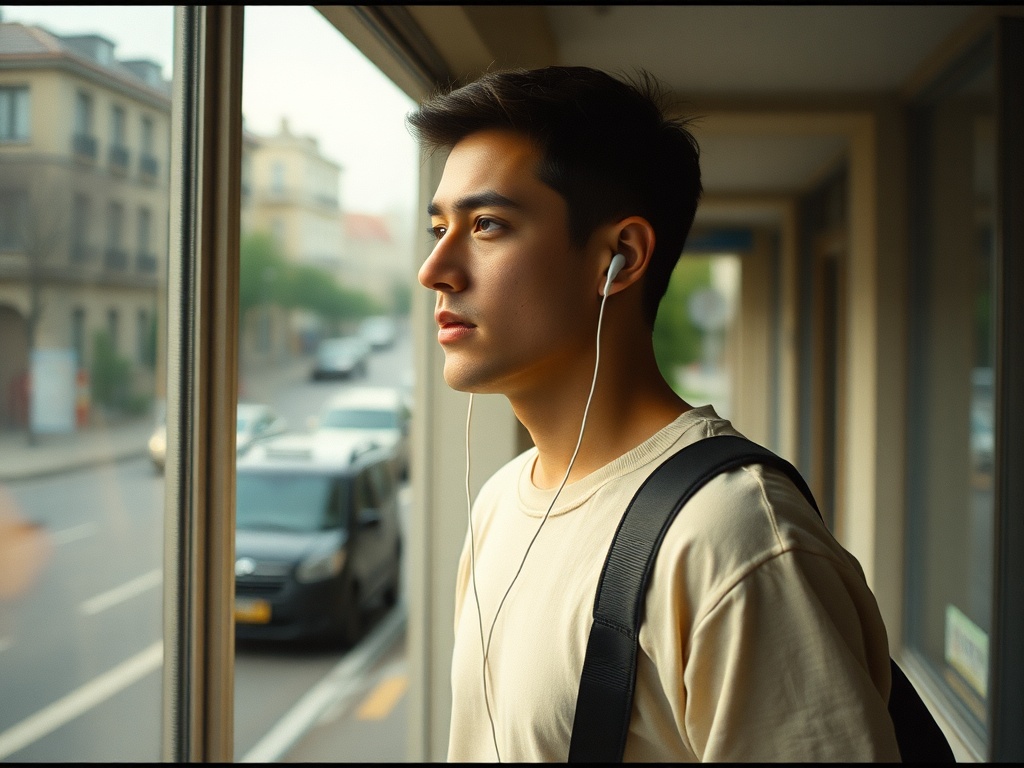 A founder walking outdoors as a deliberate dopamine reset, earbuds in, mid-stride, contemplative