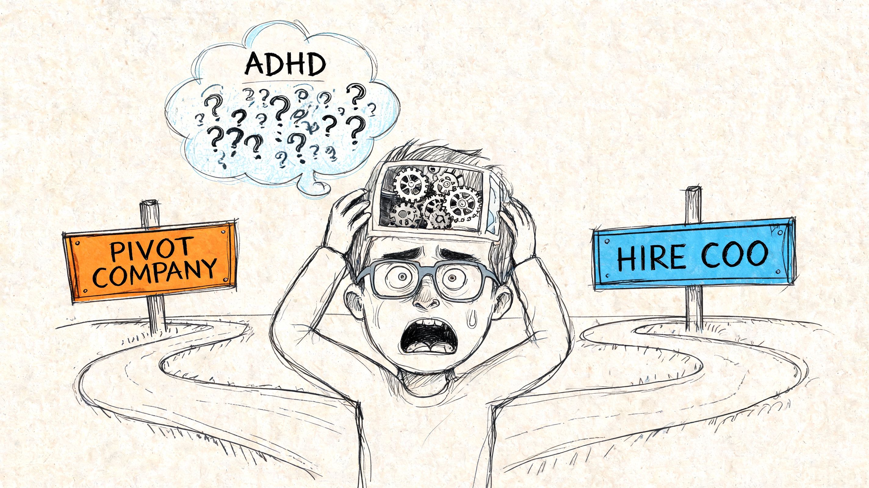 A distressed person with ADHD pondering a difficult choice between pivoting the company or hiring a COO.