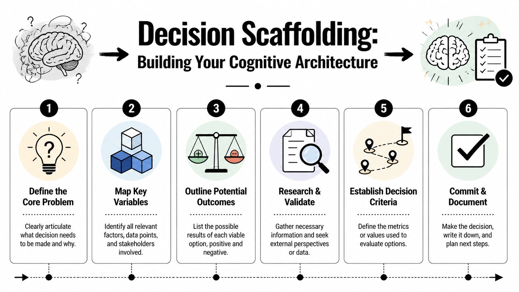 A six-step infographic illustrating a logical decision scaffolding framework for improving your cognitive architecture and choices.