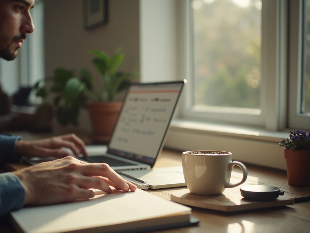 A weekly schedule written in a notebook with a hand pointing to a specific day, coffee nearby