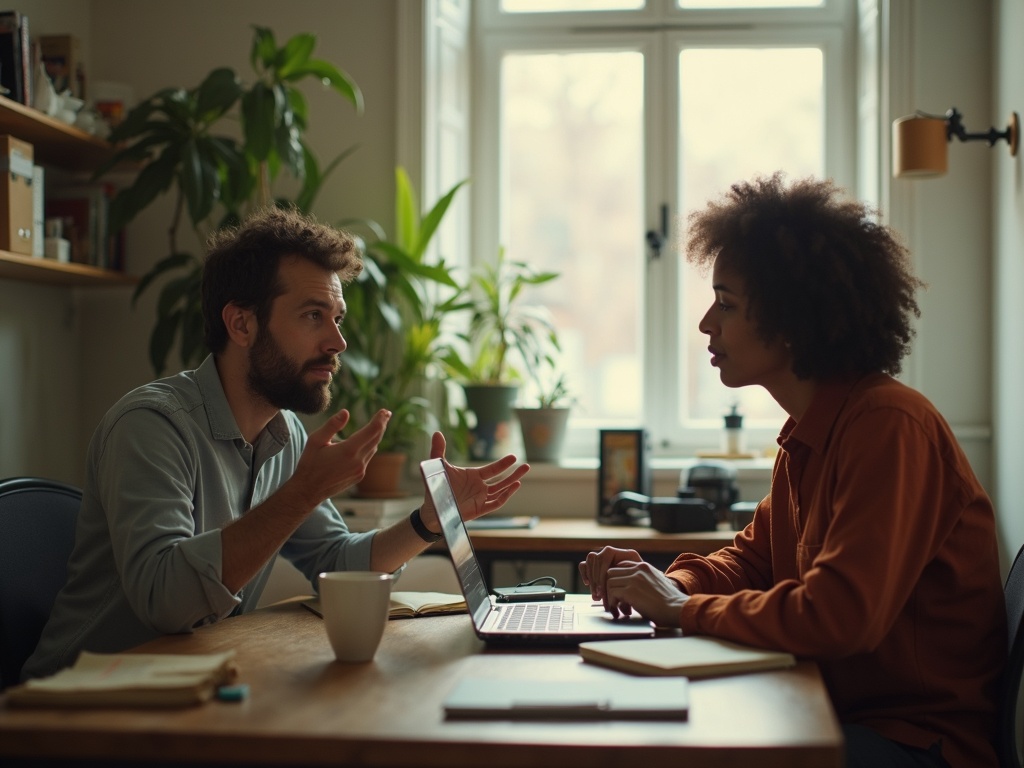 Two people in a candid conversation at a small office table, one gesturing while the other listens with a notebook open