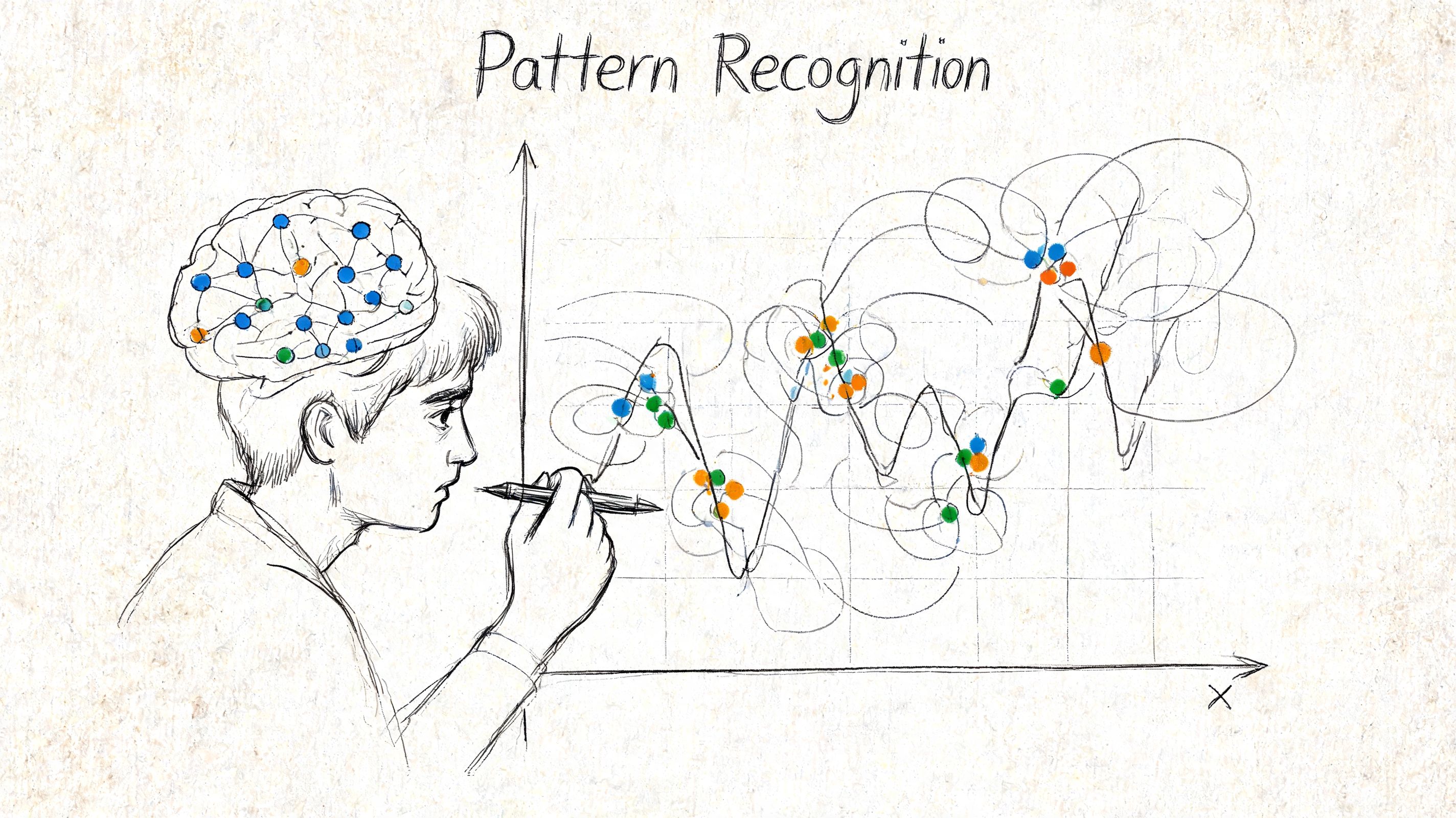 A sketched illustration of a person analyzing complex data patterns on a graph with brain neural connections.