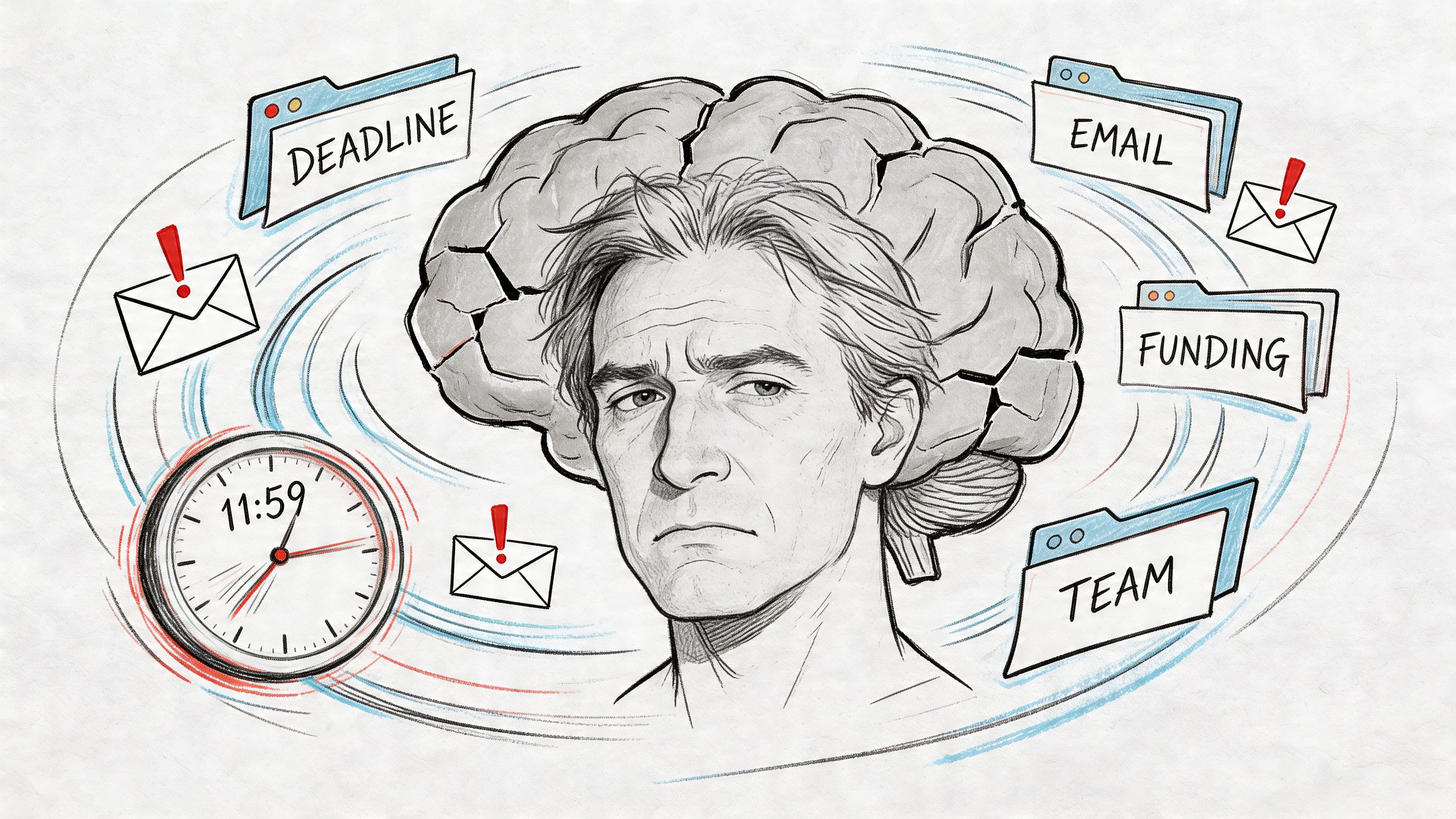 A person looking stressed with a fragmented brain surrounded by floating deadline, funding, and team icons.