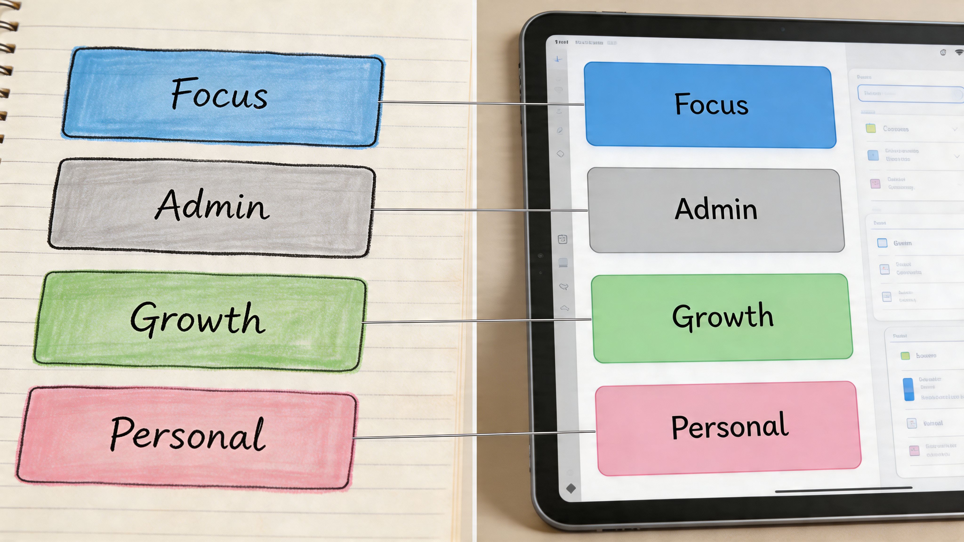 A split image comparing hand-drawn colored boxes on notebook paper to corresponding digital icons on a tablet.