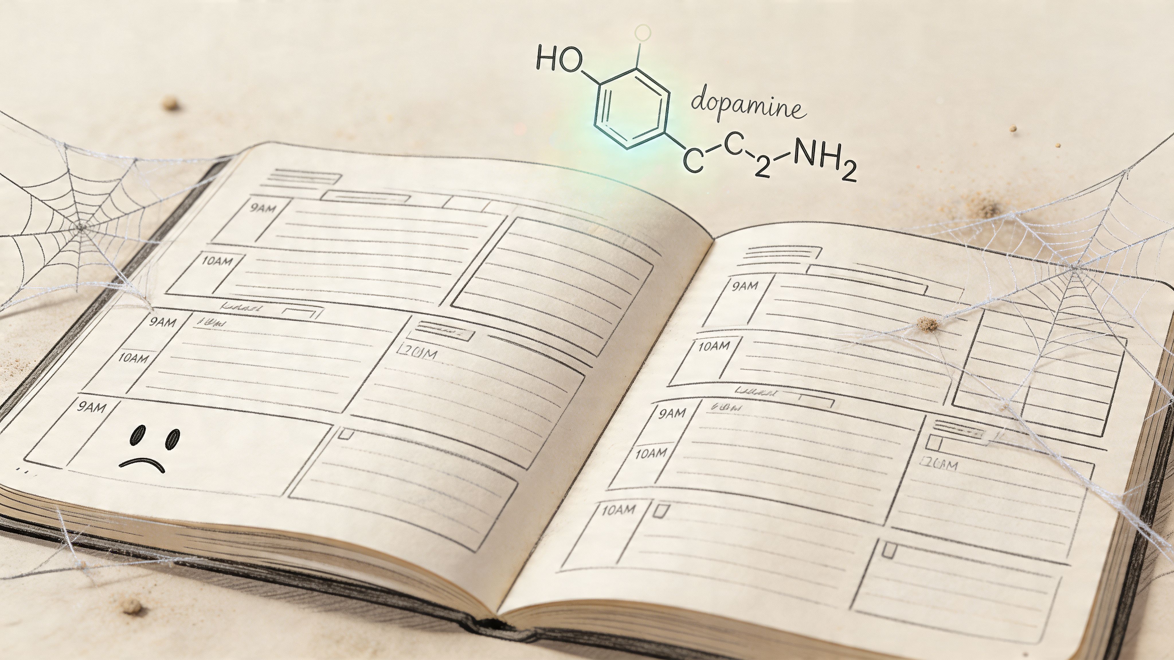 An empty planner with spiderwebs and a sad face sketch, alongside a floating dopamine chemical formula.