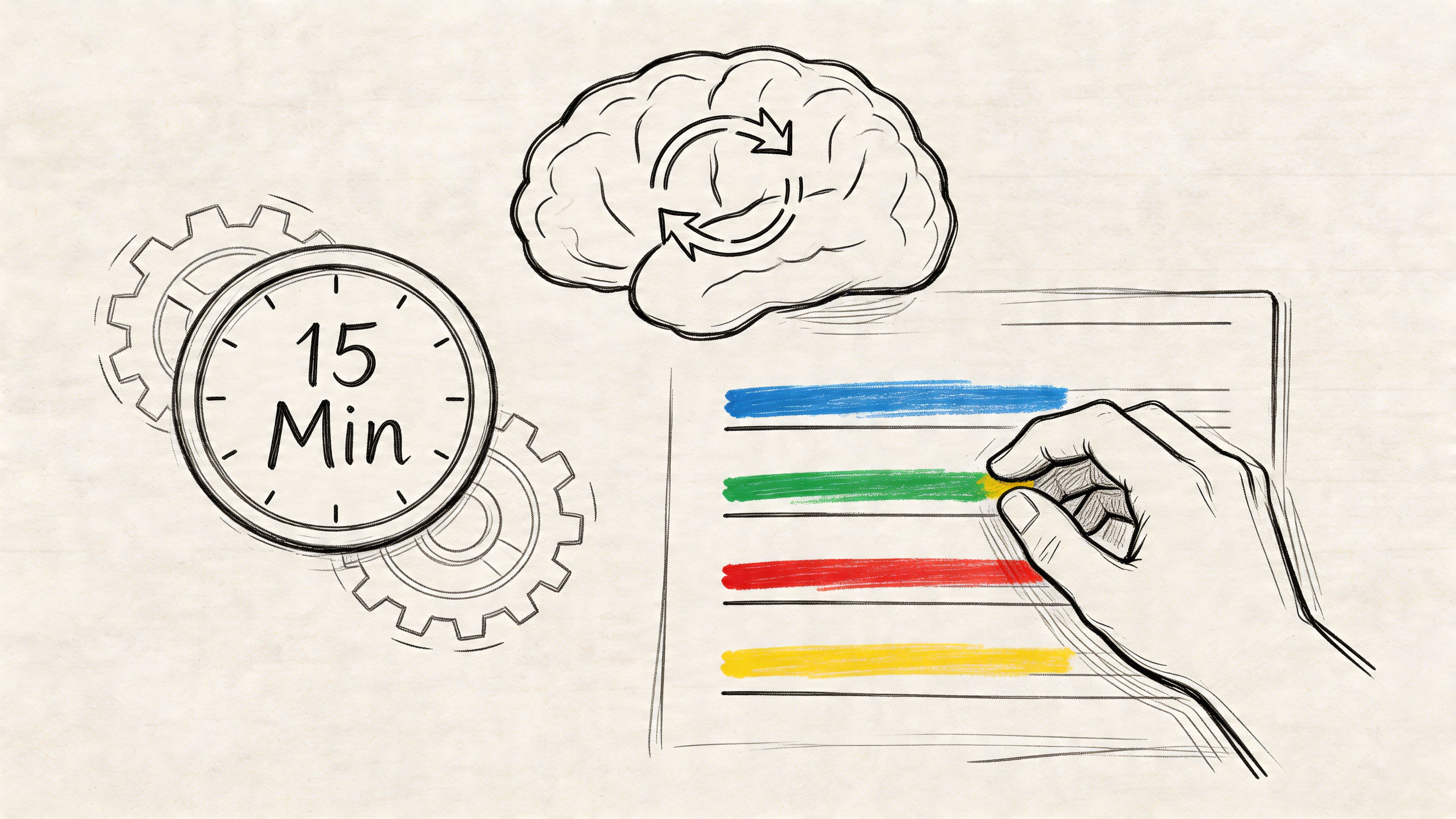 A hand coloring a chart next to a clock and a brain symbol representing productivity.