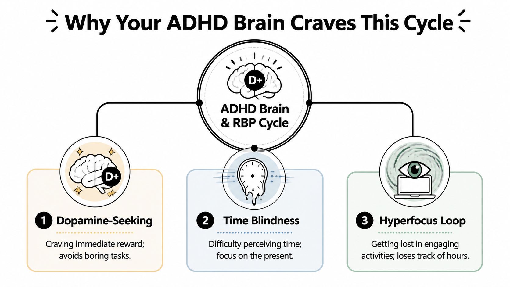 An infographic titled Why Your ADHD Brain Craves This Cycle explaining dopamine seeking, time blindness, and hyperfocus loop.