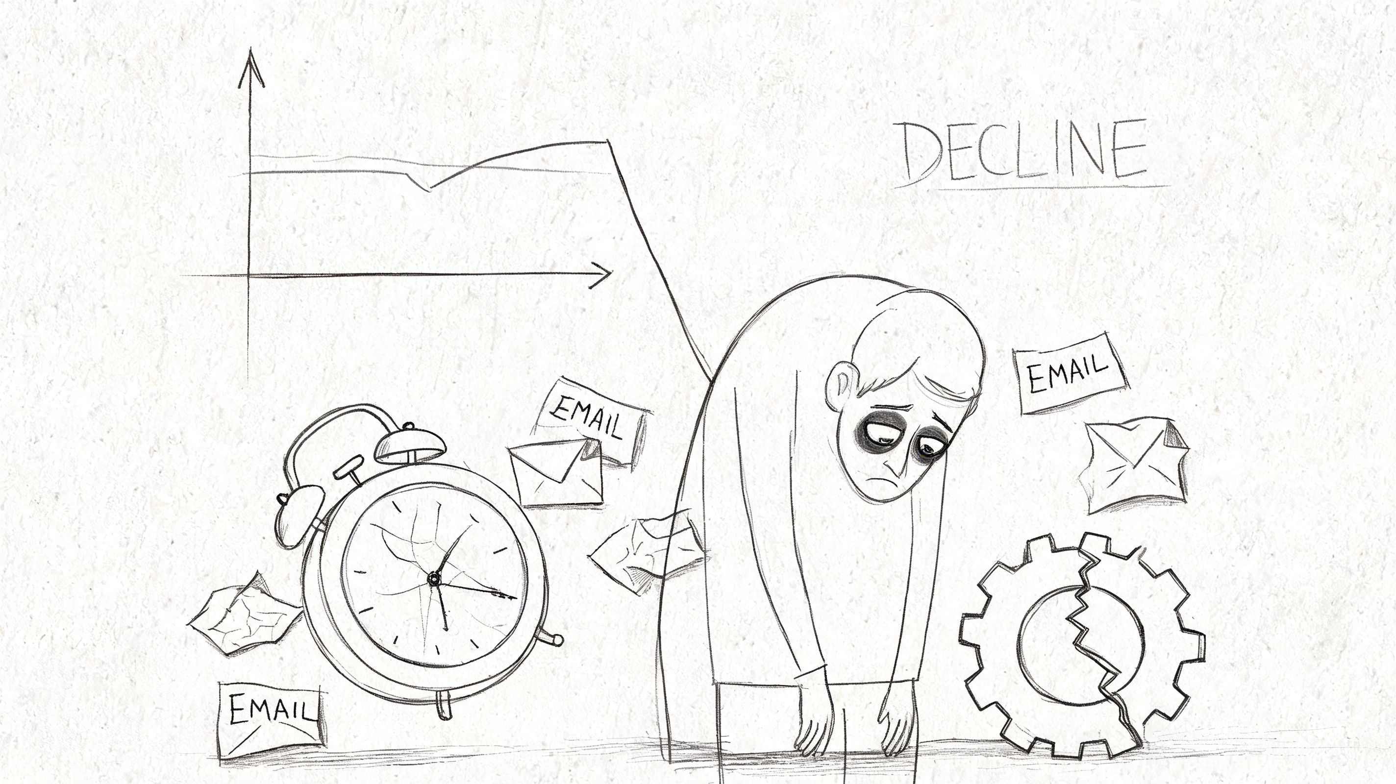 A hand-drawn illustration depicting burnout with a declining graph, a broken clock, and emails surrounding a tired person.