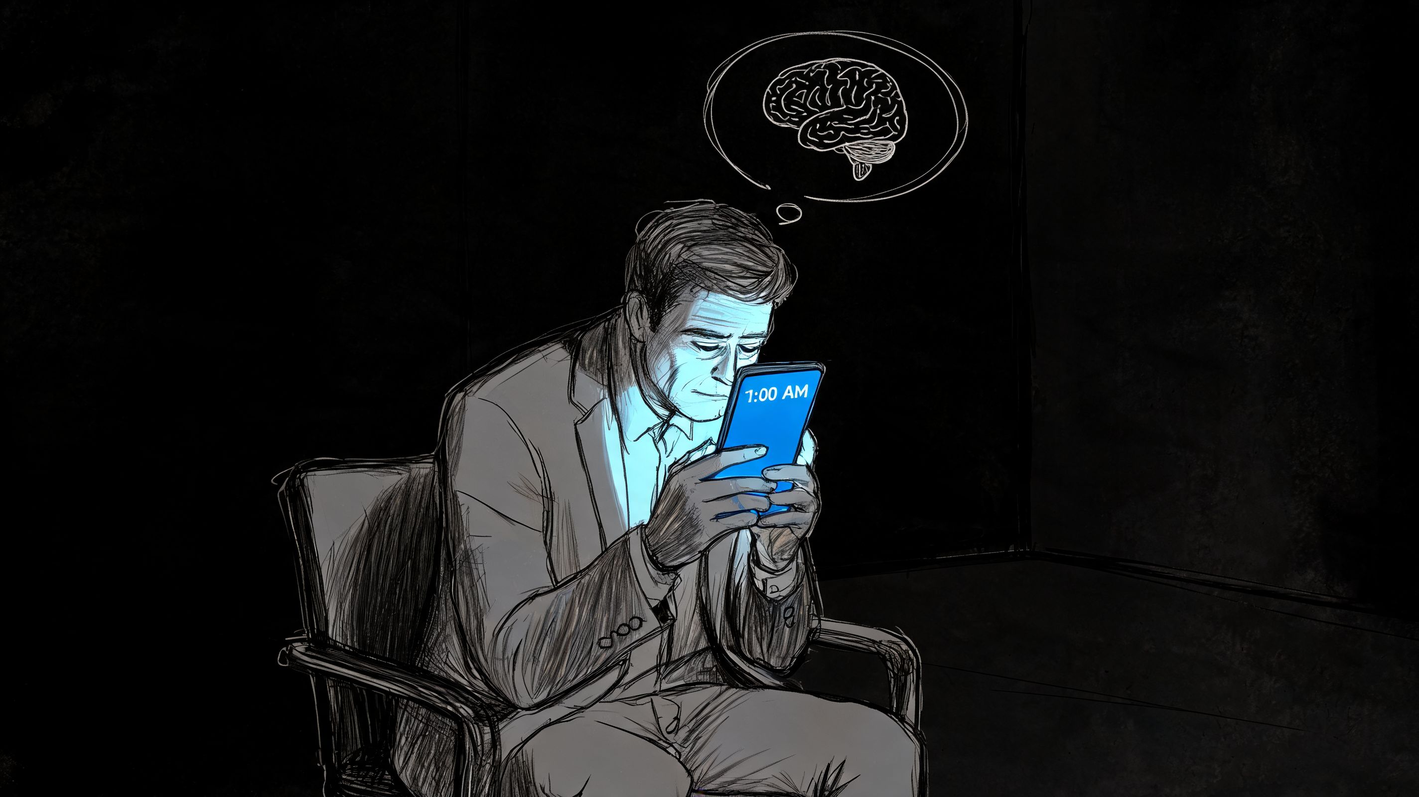A man sitting alone in the dark, checking his phone at 1:00 AM with a brain bubble above.