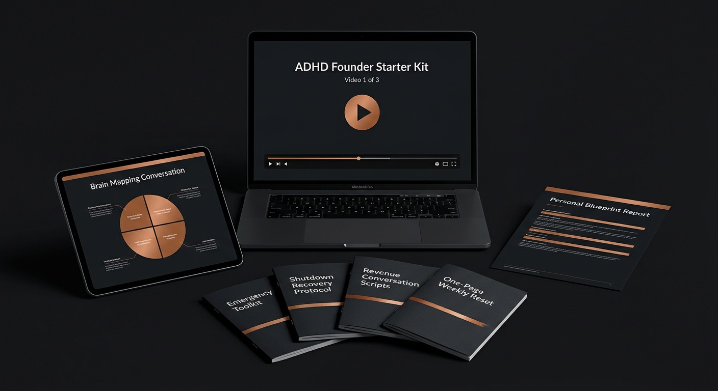 ADHD Founder Starter Kit — 3 Deep-Dive Videos, Brain Mapping Conversation, Personal Blueprint Report, Emergency Toolkit, and 3 bonus resources