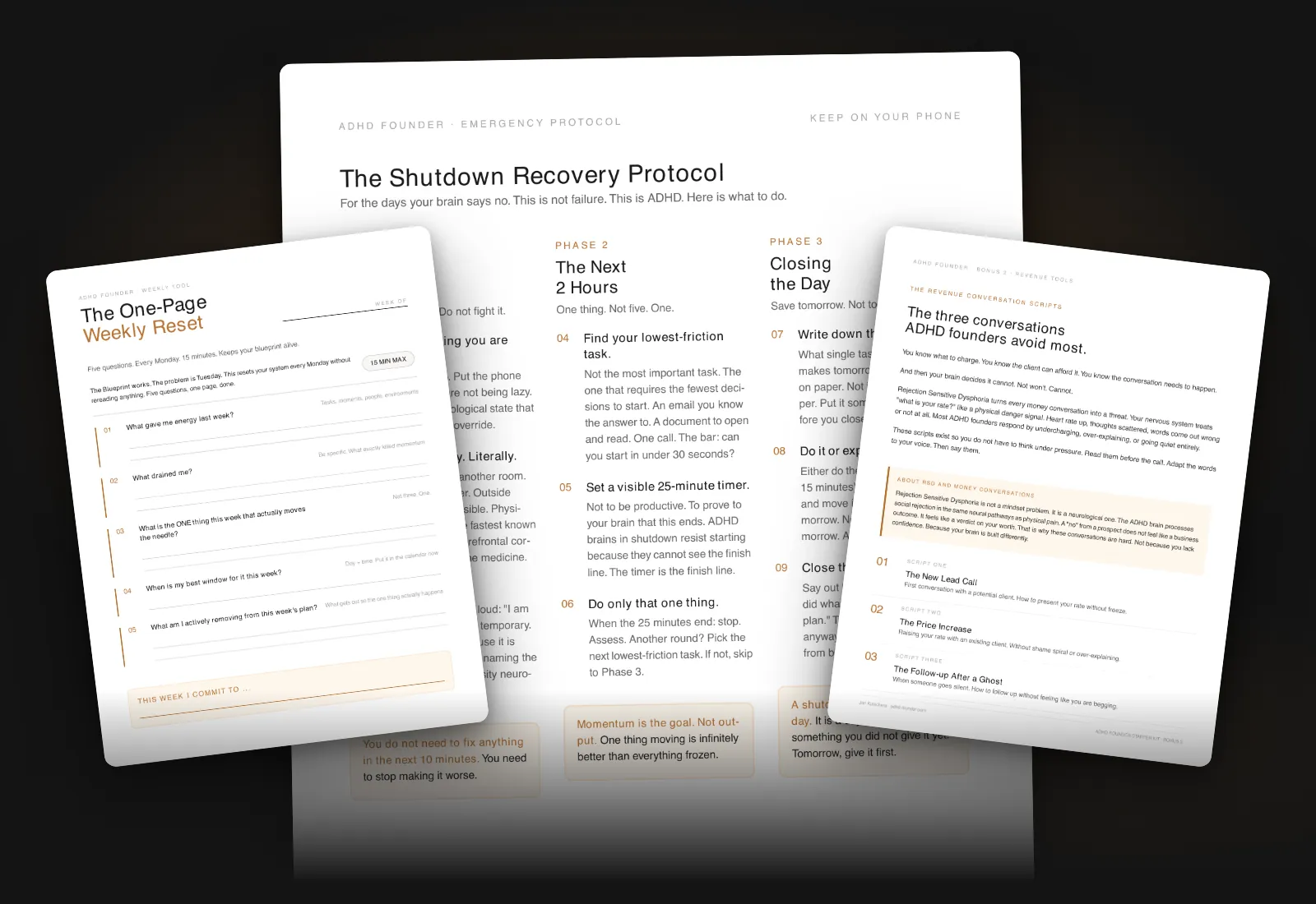 The three bonus PDFs: The One-Page Weekly Reset, The Shutdown Recovery Protocol and The Revenue Conversation Scripts