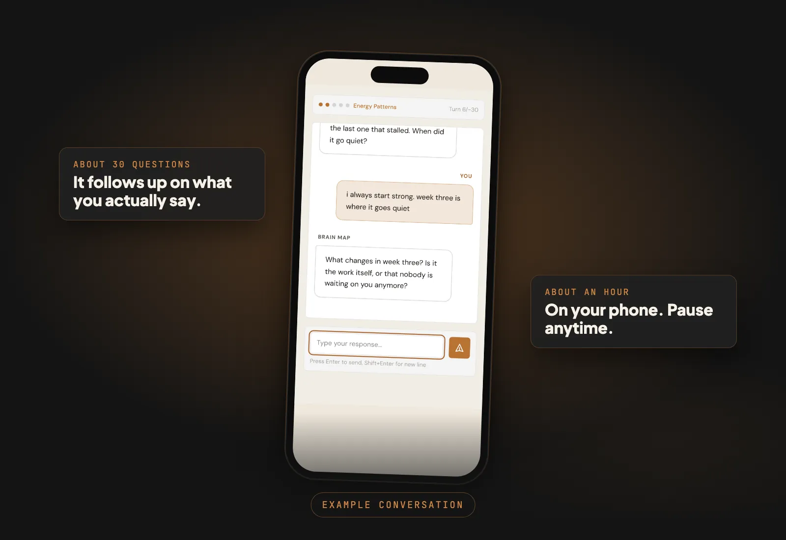 An example Brain Mapping conversation on a phone. The founder types: i always start strong. week three is where it goes quiet